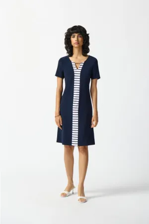 Joseph Ribkoff Midnight Blue/Vanilla Striped Knee Length Shift Dress 242068