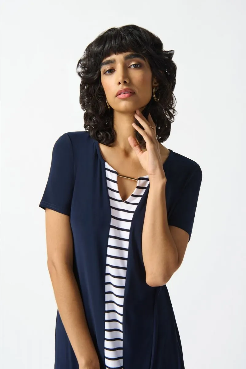 Joseph Ribkoff Midnight Blue/Vanilla Striped Knee Length Shift Dress 242068