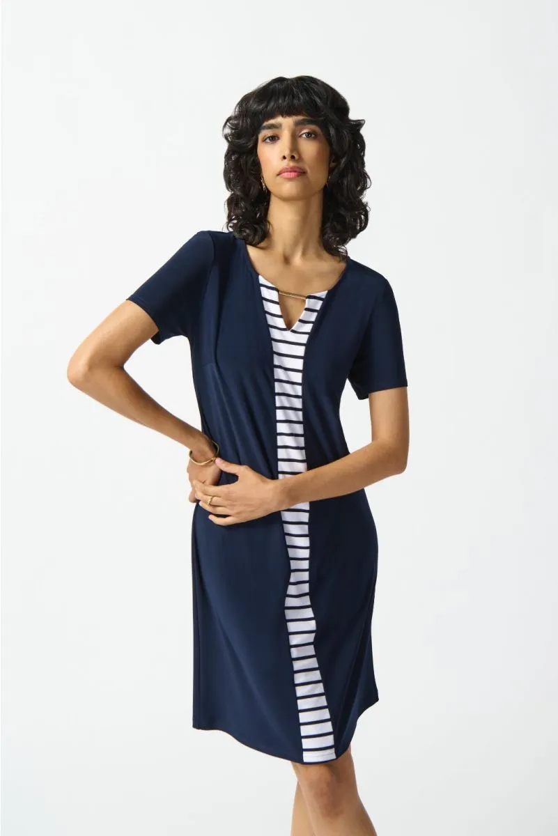 Joseph Ribkoff Midnight Blue/Vanilla Striped Knee Length Shift Dress 242068