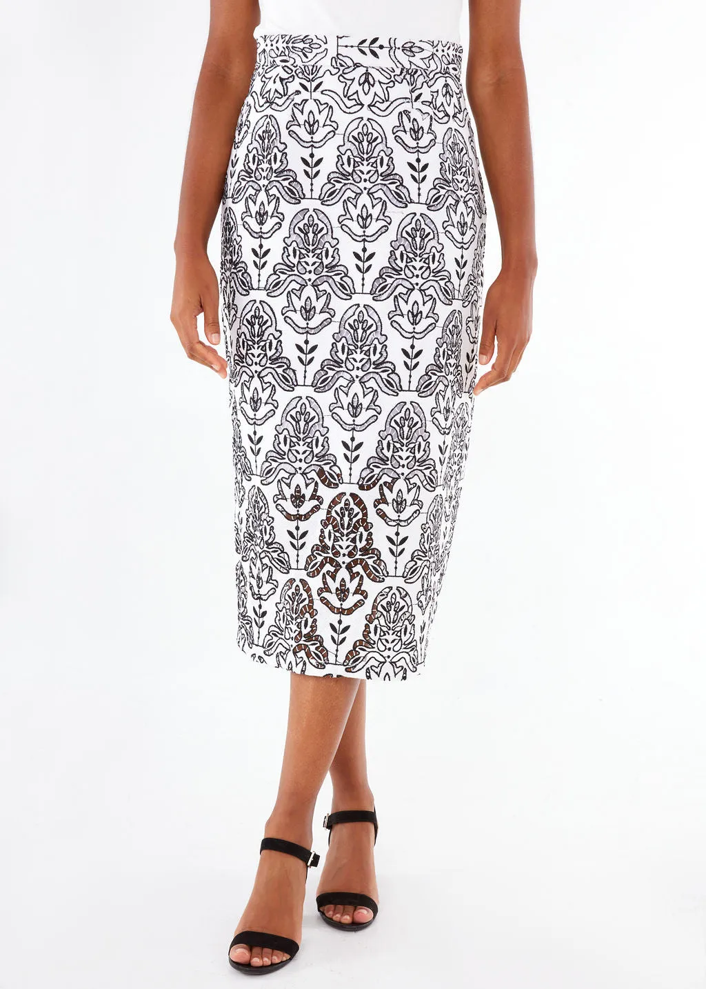 Julia Pencil Skirt Black & White Ironwork Geo Lace