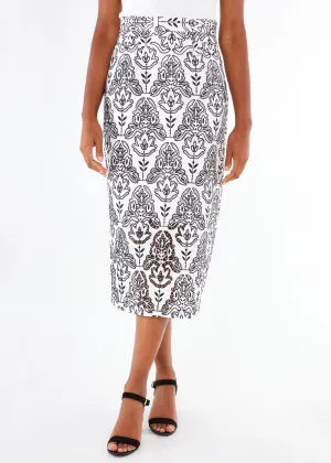 Julia Pencil Skirt Black & White Ironwork Geo Lace