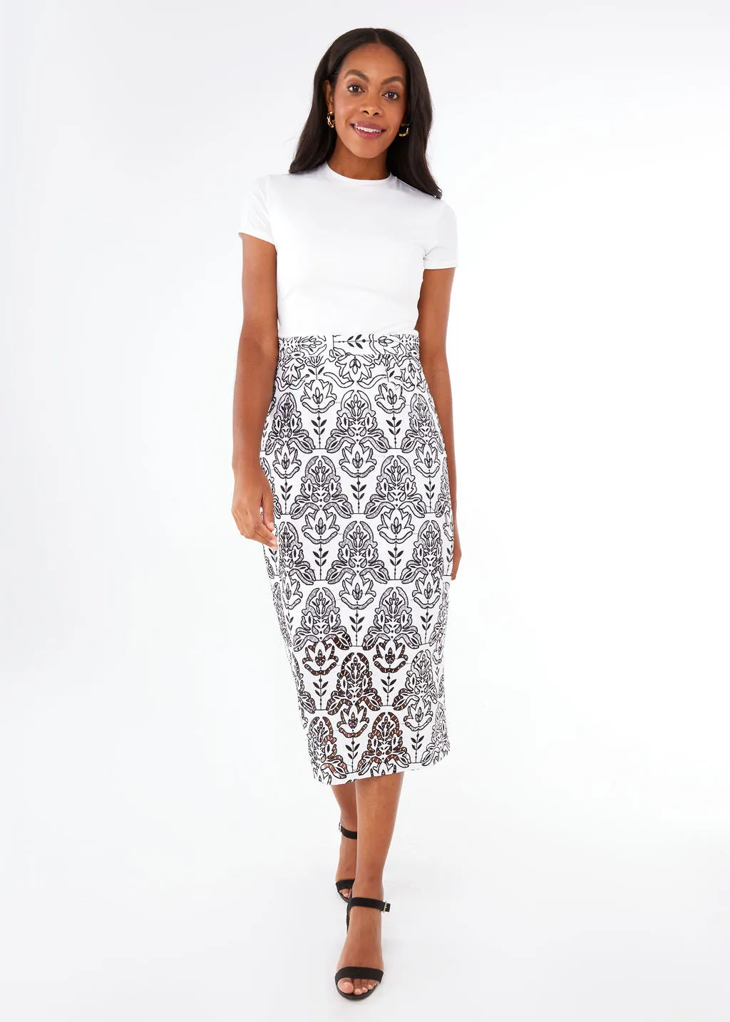 Julia Pencil Skirt Black & White Ironwork Geo Lace