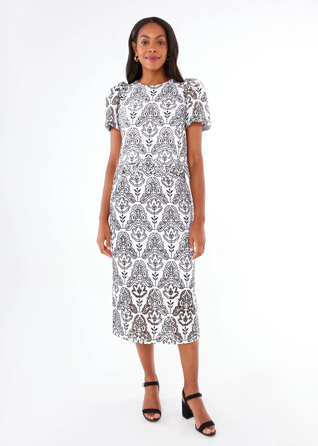 Julia Pencil Skirt Black & White Ironwork Geo Lace
