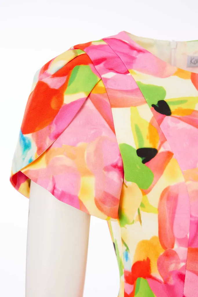 Kate Cooper Garden party dress with wrap over sleeve Lemon & Pink KCS25163