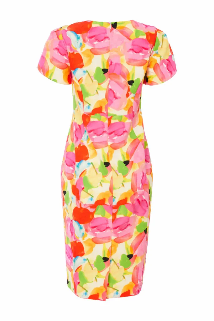 Kate Cooper Garden party dress with wrap over sleeve Lemon & Pink KCS25163