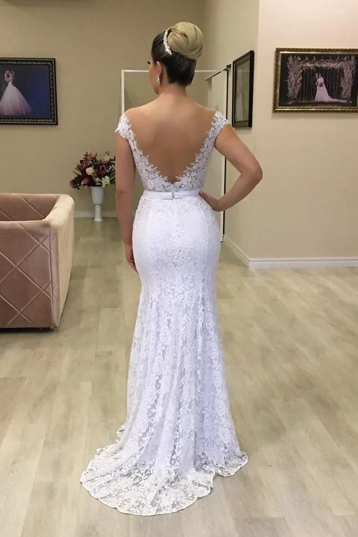 Lace Capped Sleeves Slim Wedding Gown with Sheer Back