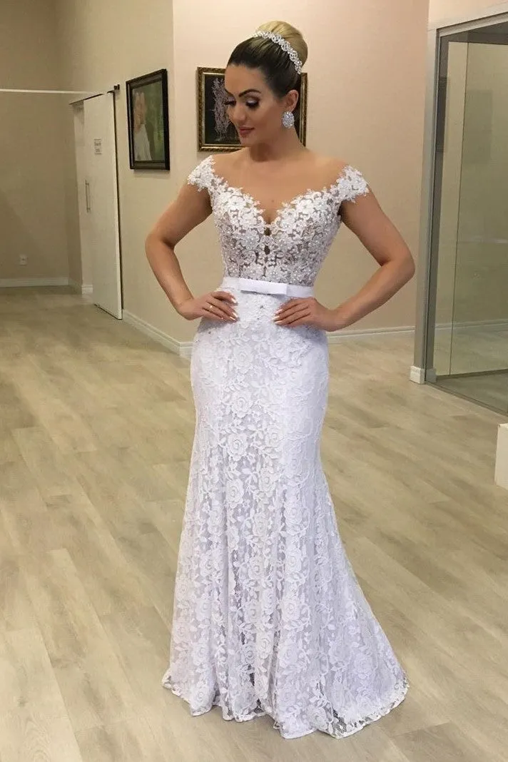 Lace Capped Sleeves Slim Wedding Gown with Sheer Back