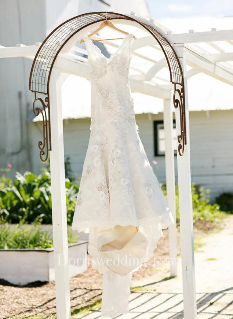Lace Country V Neck Sexy Bridal Gown With Cap Sleeves-715380