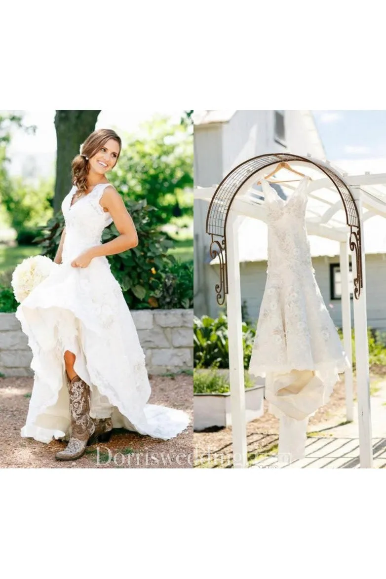 Lace Country V Neck Sexy Bridal Gown With Cap Sleeves-715380