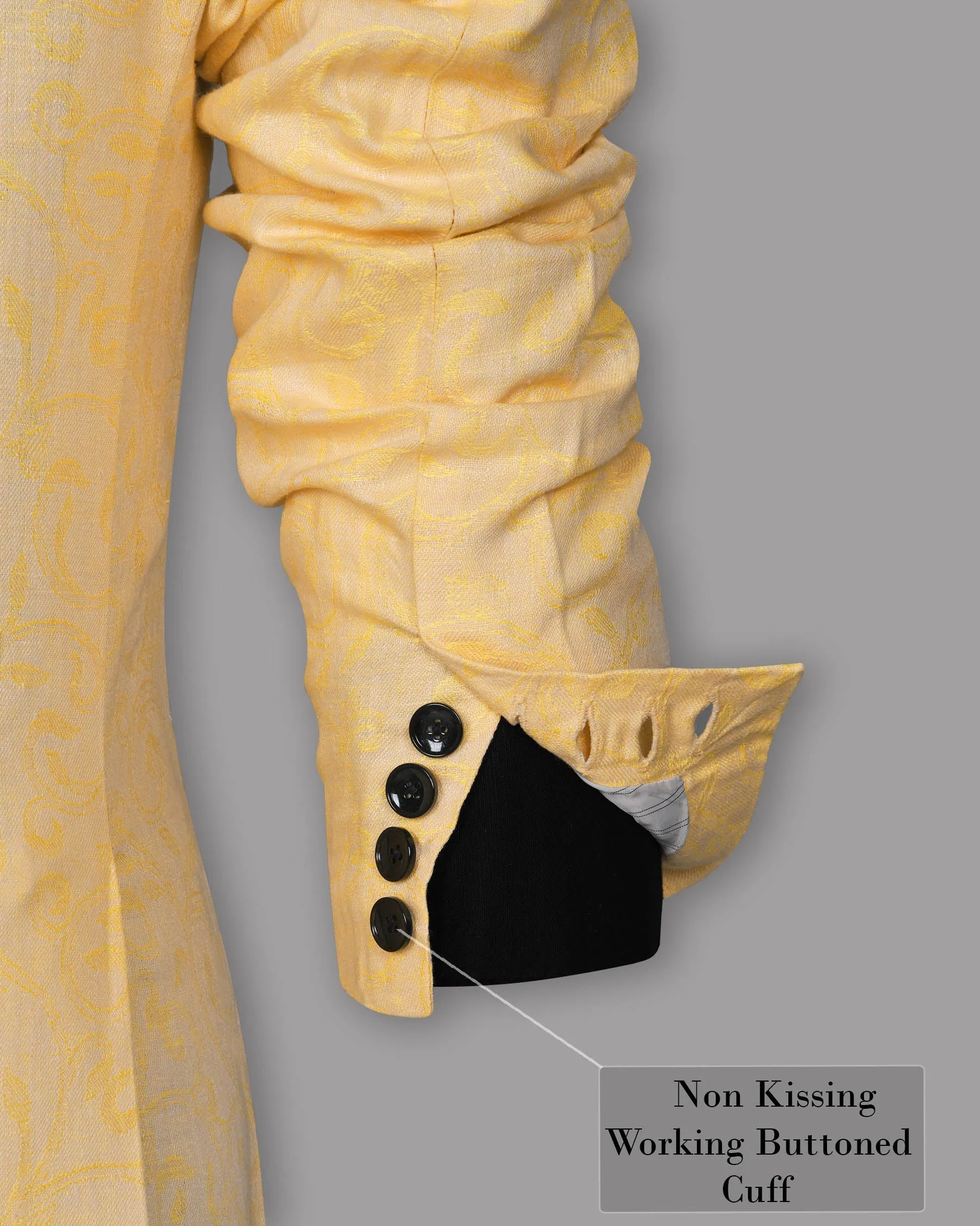 Light Peach with Mustard Climber Jacquard Luxurious Linen Designer Tuxedo Blazer