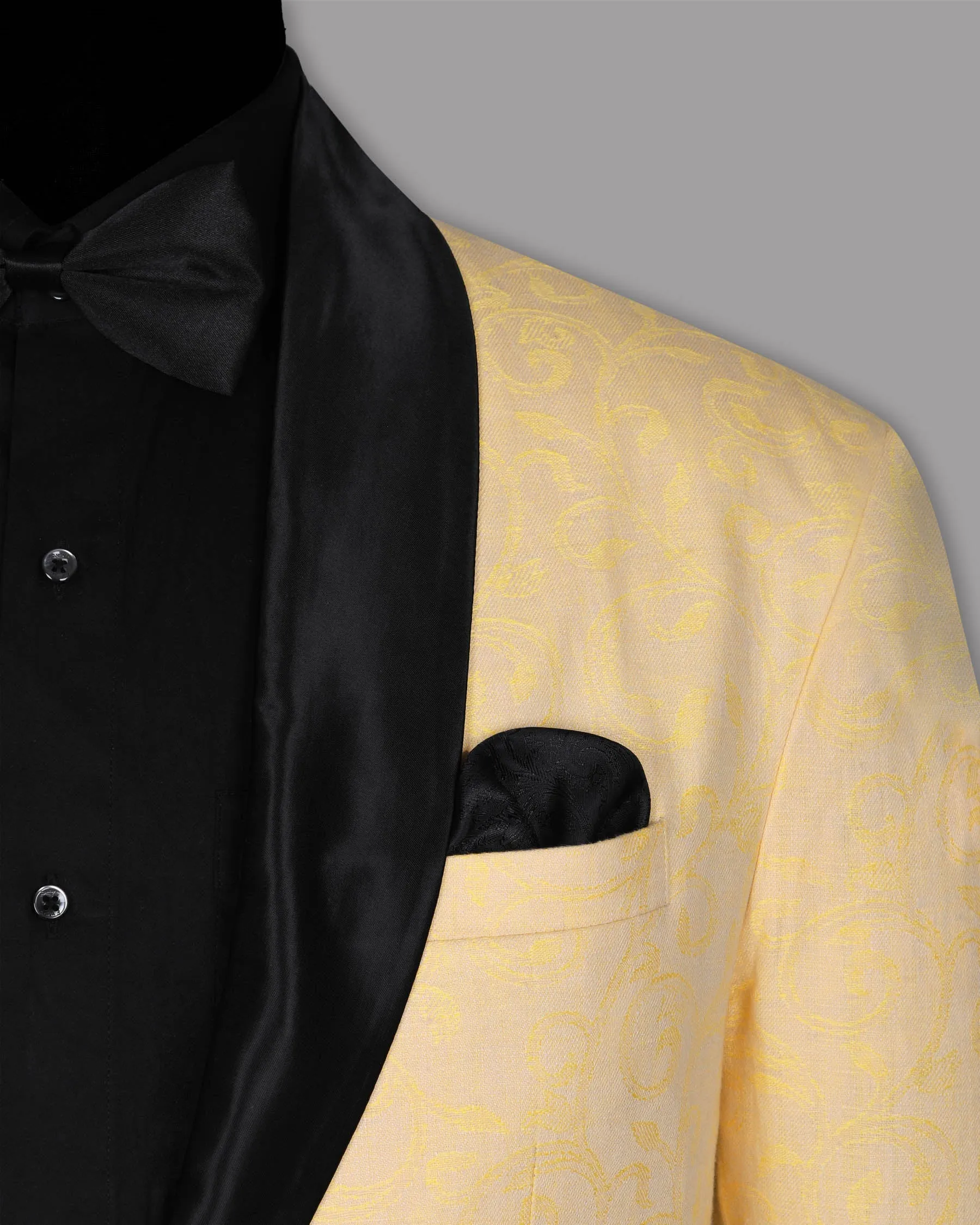 Light Peach with Mustard Climber Jacquard Luxurious Linen Designer Tuxedo Blazer