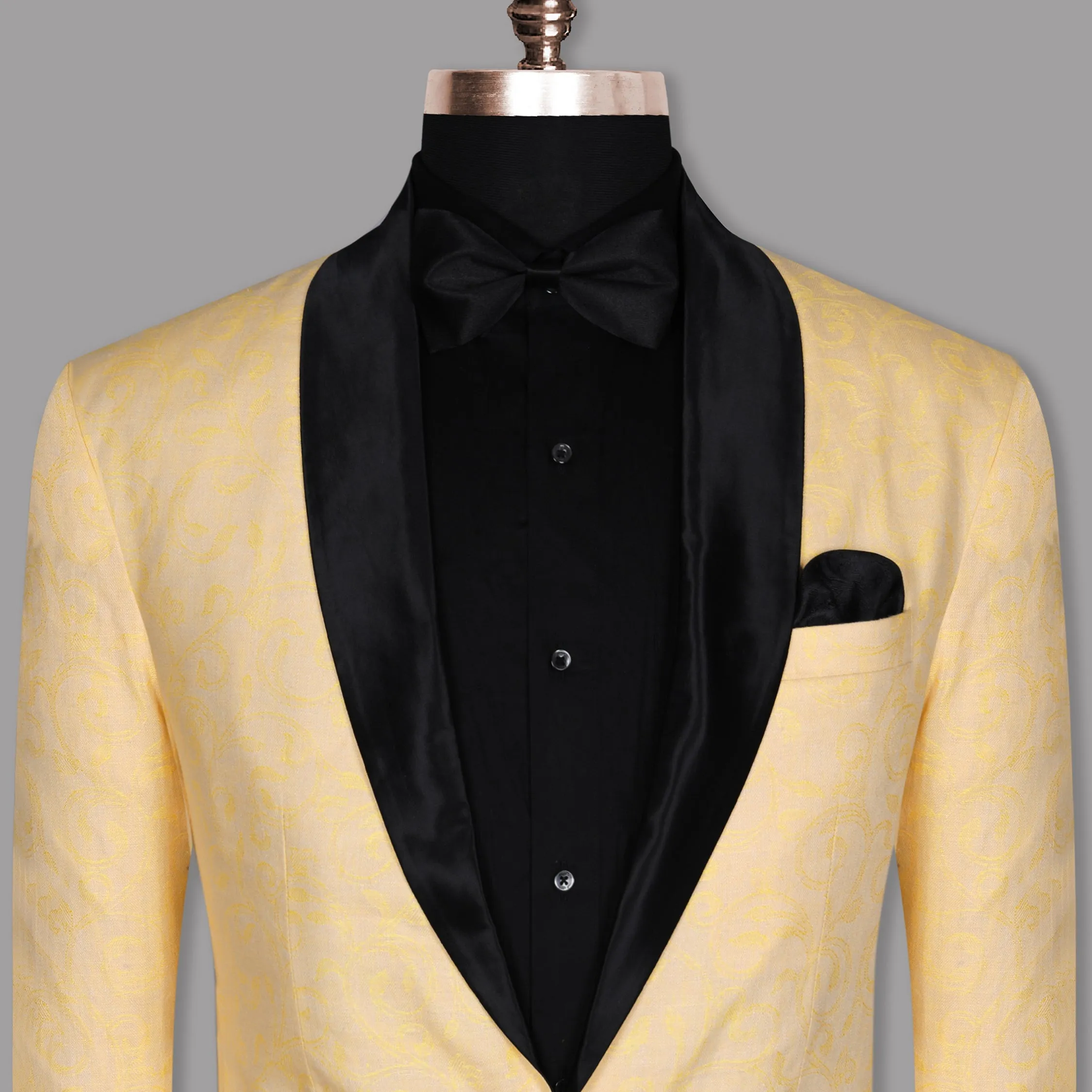 Light Peach with Mustard Climber Jacquard Luxurious Linen Designer Tuxedo Blazer
