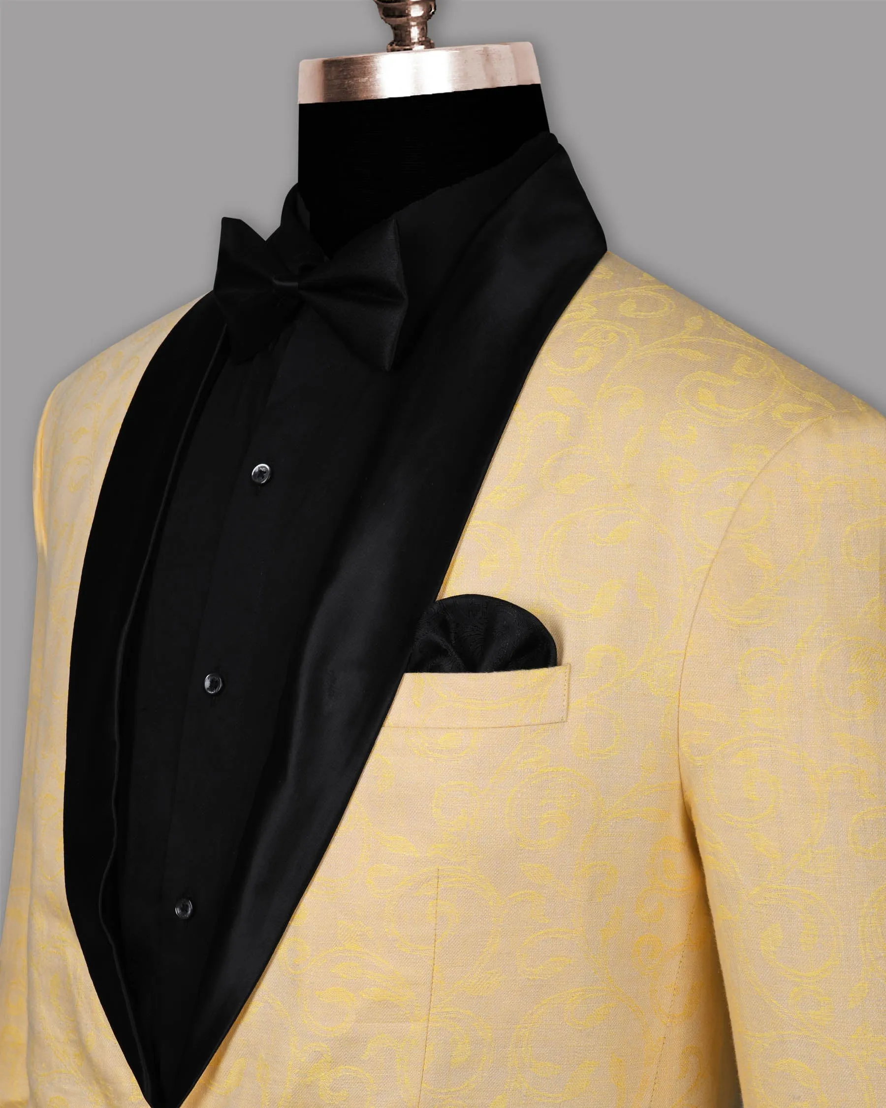 Light Peach with Mustard Climber Jacquard Luxurious Linen Designer Tuxedo Blazer