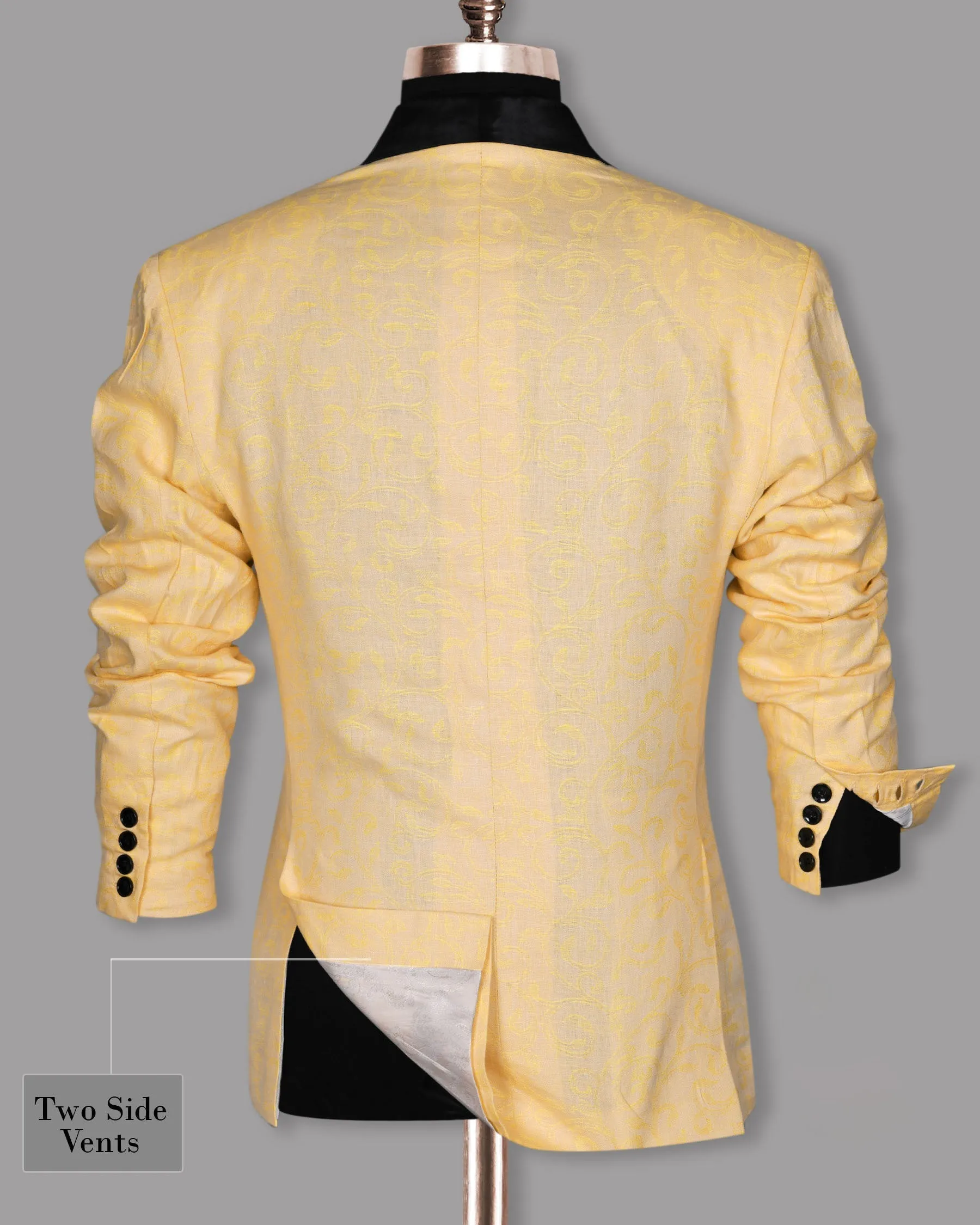 Light Peach with Mustard Climber Jacquard Luxurious Linen Designer Tuxedo Blazer