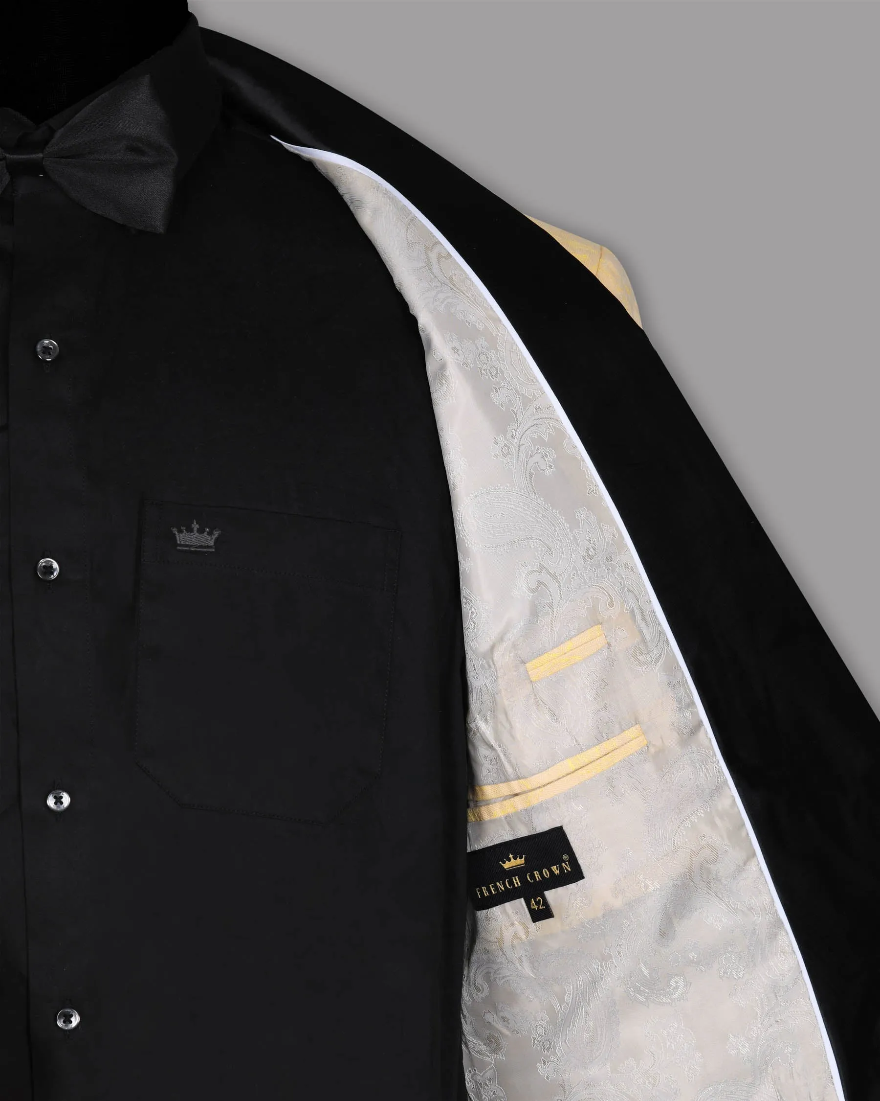 Light Peach with Mustard Climber Jacquard Luxurious Linen Designer Tuxedo Blazer
