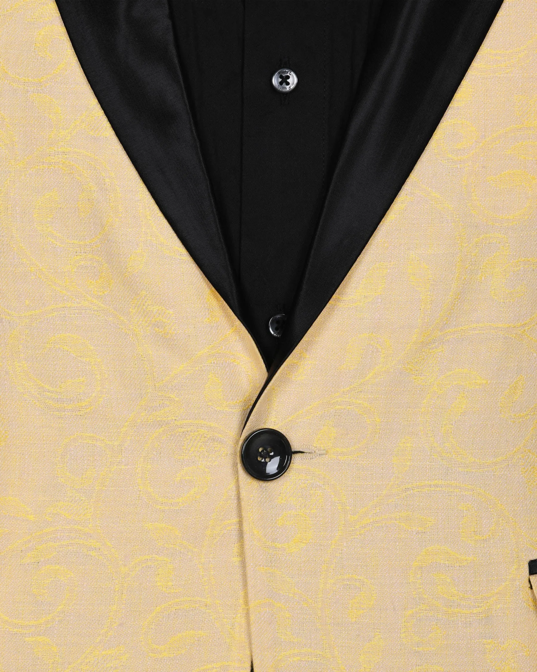 Light Peach with Mustard Climber Jacquard Luxurious Linen Designer Tuxedo Blazer