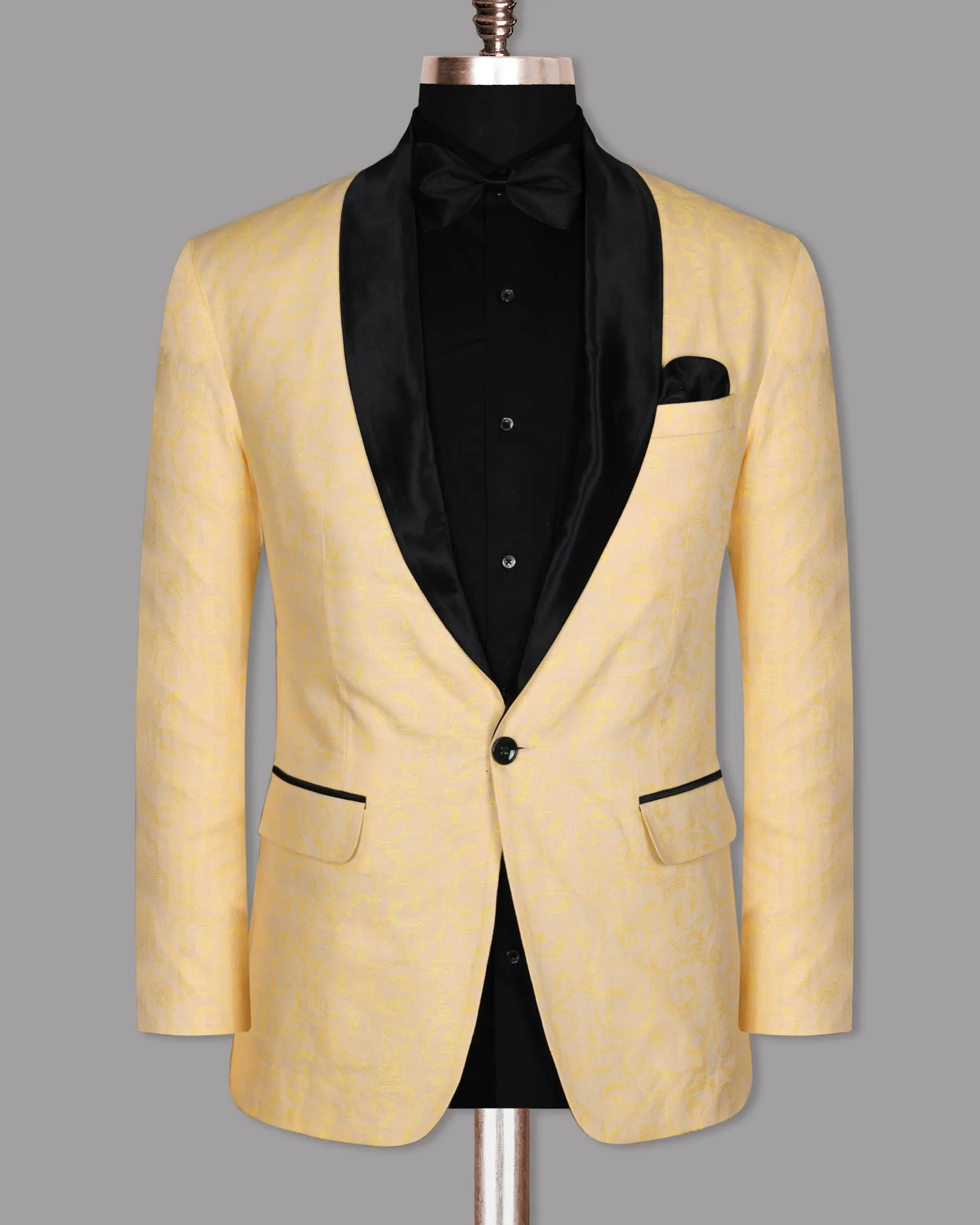 Light Peach with Mustard Climber Jacquard Luxurious Linen Designer Tuxedo Blazer