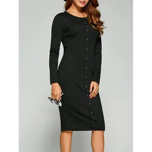 Long Sleeve Button Up Knit Sheath Dress - Black Xl
