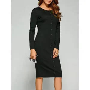 Long Sleeve Button Up Knit Sheath Dress - Black Xl