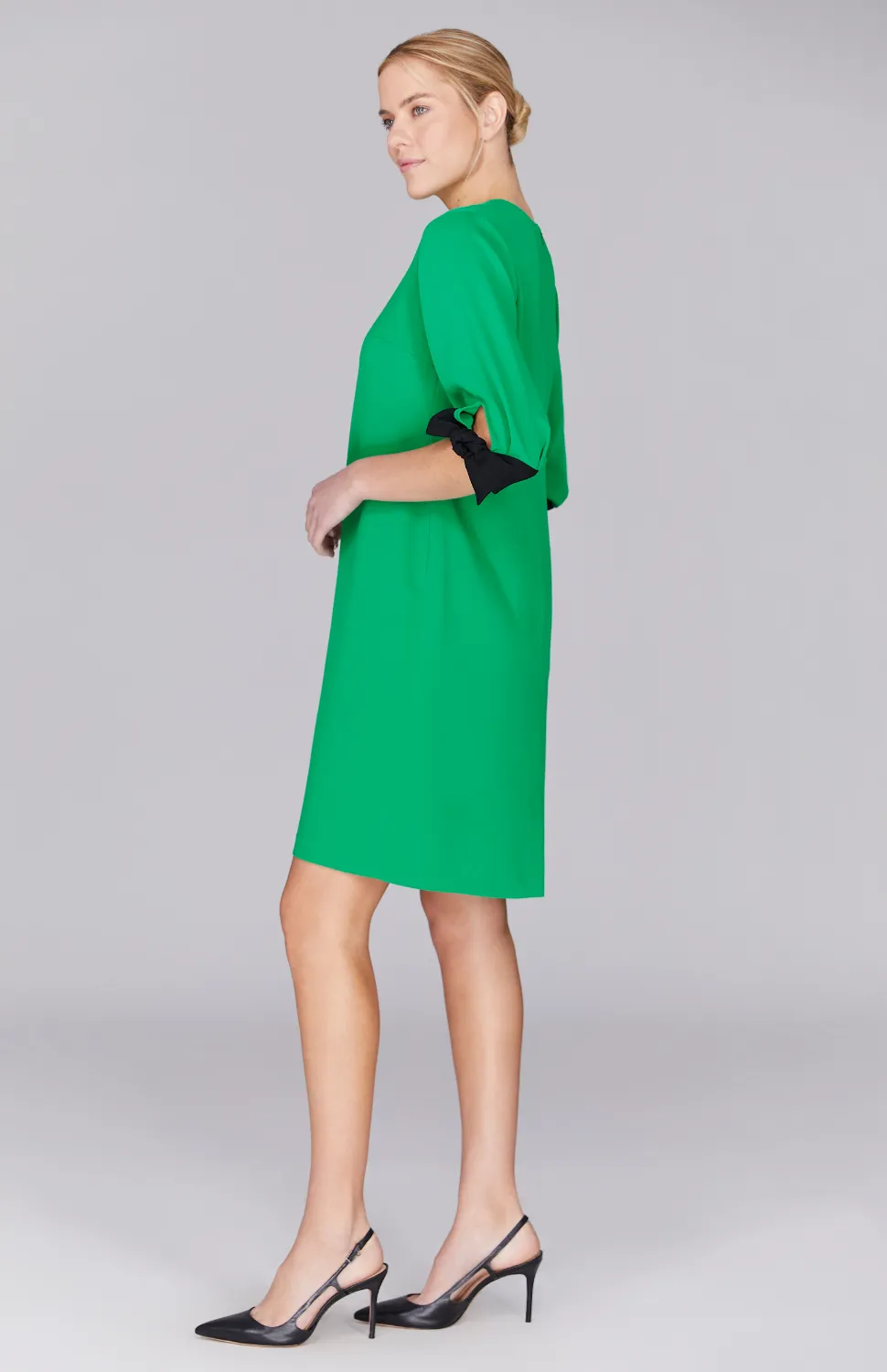 Lustrous Crepe 3/4 Sleeve Dress w/ Tie Cuff