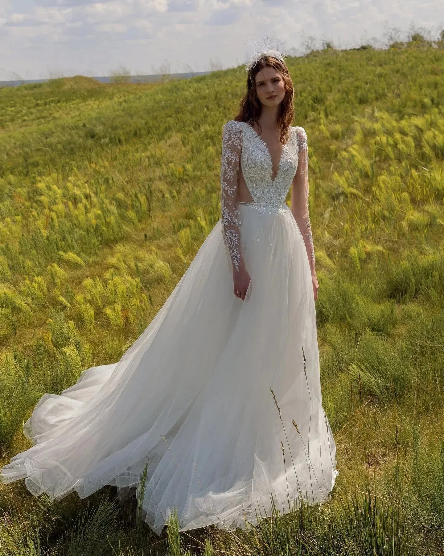 Luxury Beaded Lace Wedding Dresses Deep V Neckline Appliqued Bridal Gowns Long Sleeves A Line Tulle Sequined Vestido De Novia