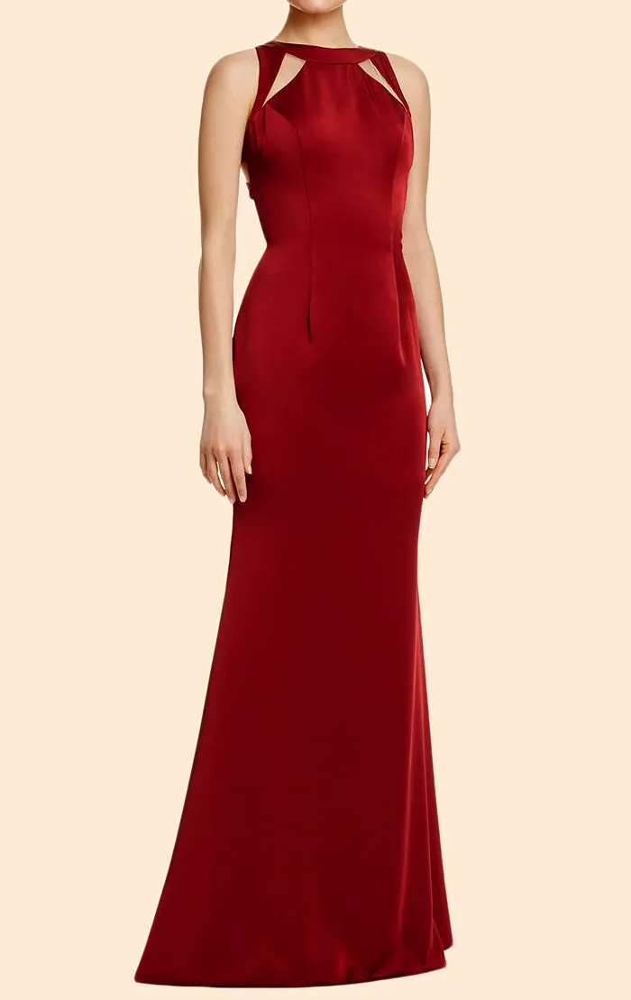 MACloth Sheath O Neck Burgundy Long Prom Dress Satin Formal Evening Gown