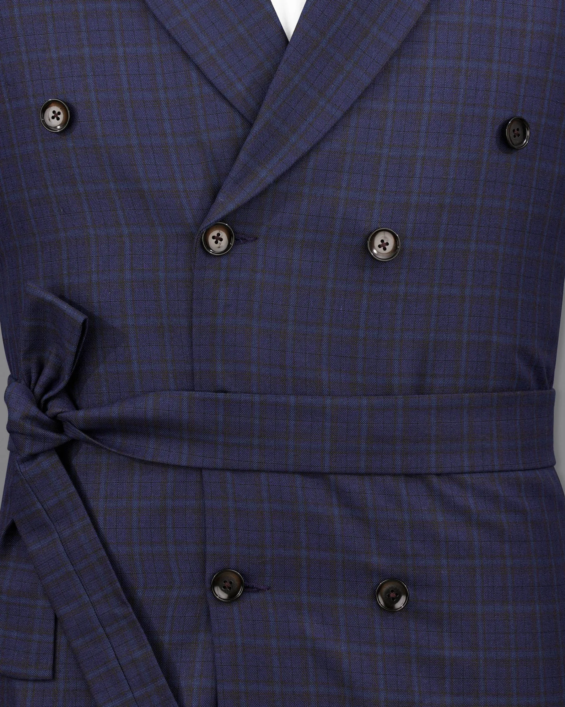 Martinique blue Subtle Checkered Double Breasted with Belt Closure Designer Trench Coat
