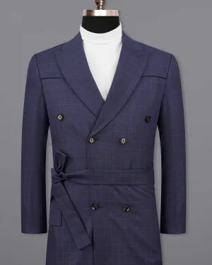 Martinique blue Subtle Checkered Double Breasted with Belt Closure Designer Trench Coat