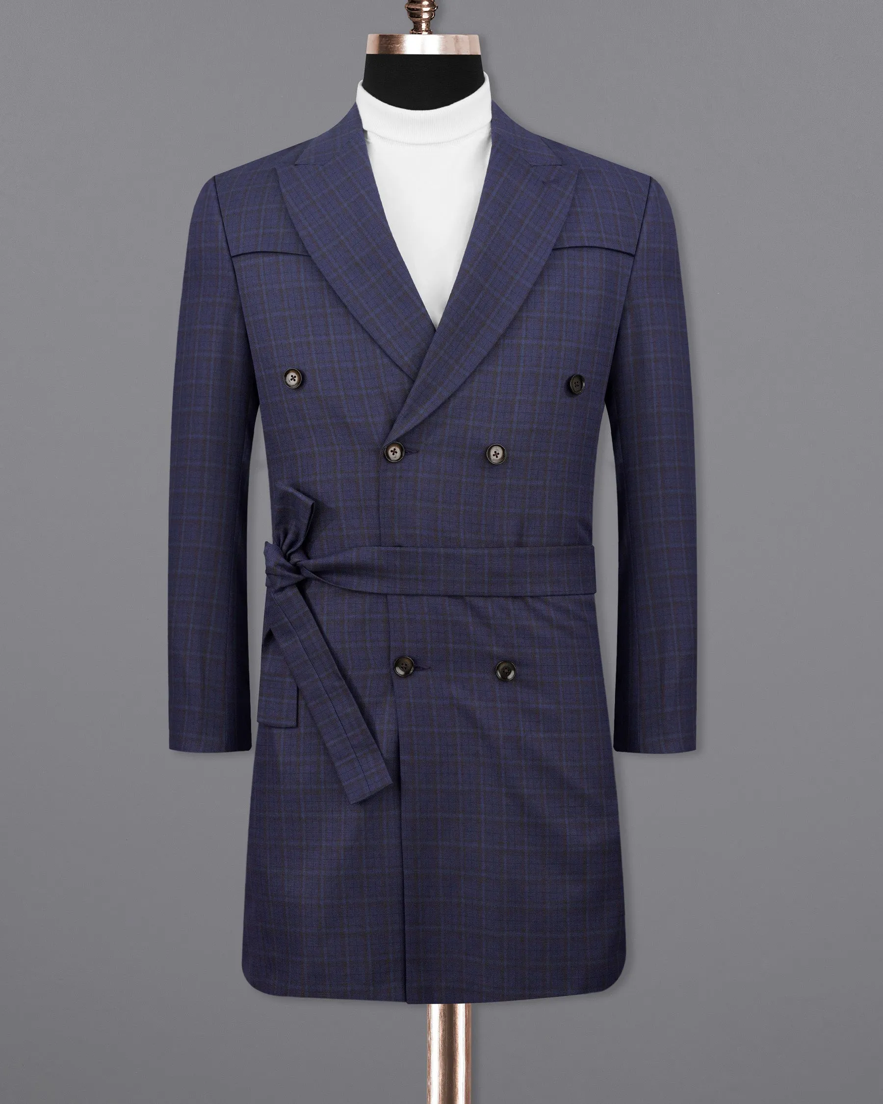 Martinique blue Subtle Checkered Double Breasted with Belt Closure Designer Trench Coat
