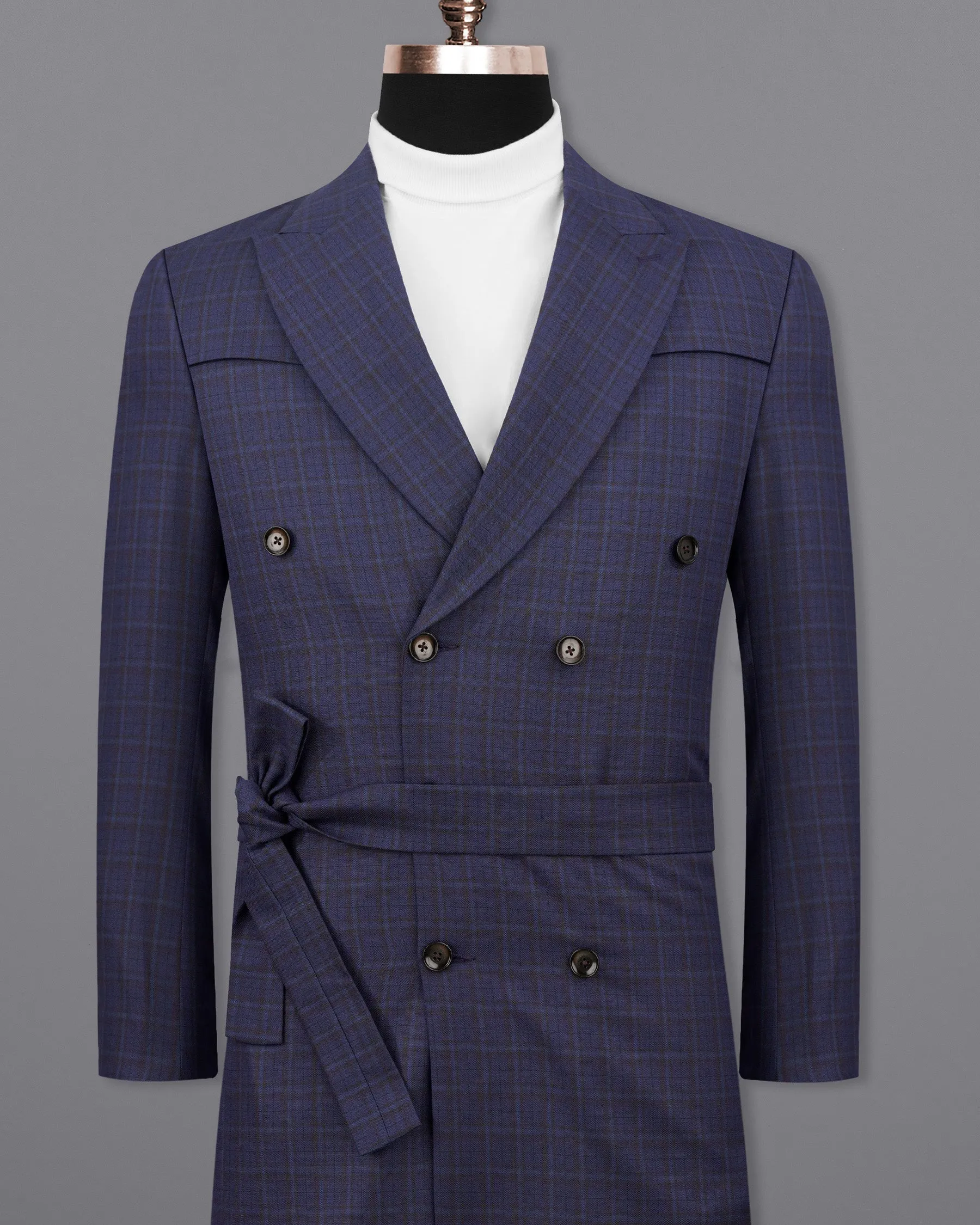 Martinique blue Subtle Checkered Double Breasted with Belt Closure Designer Trench Coat