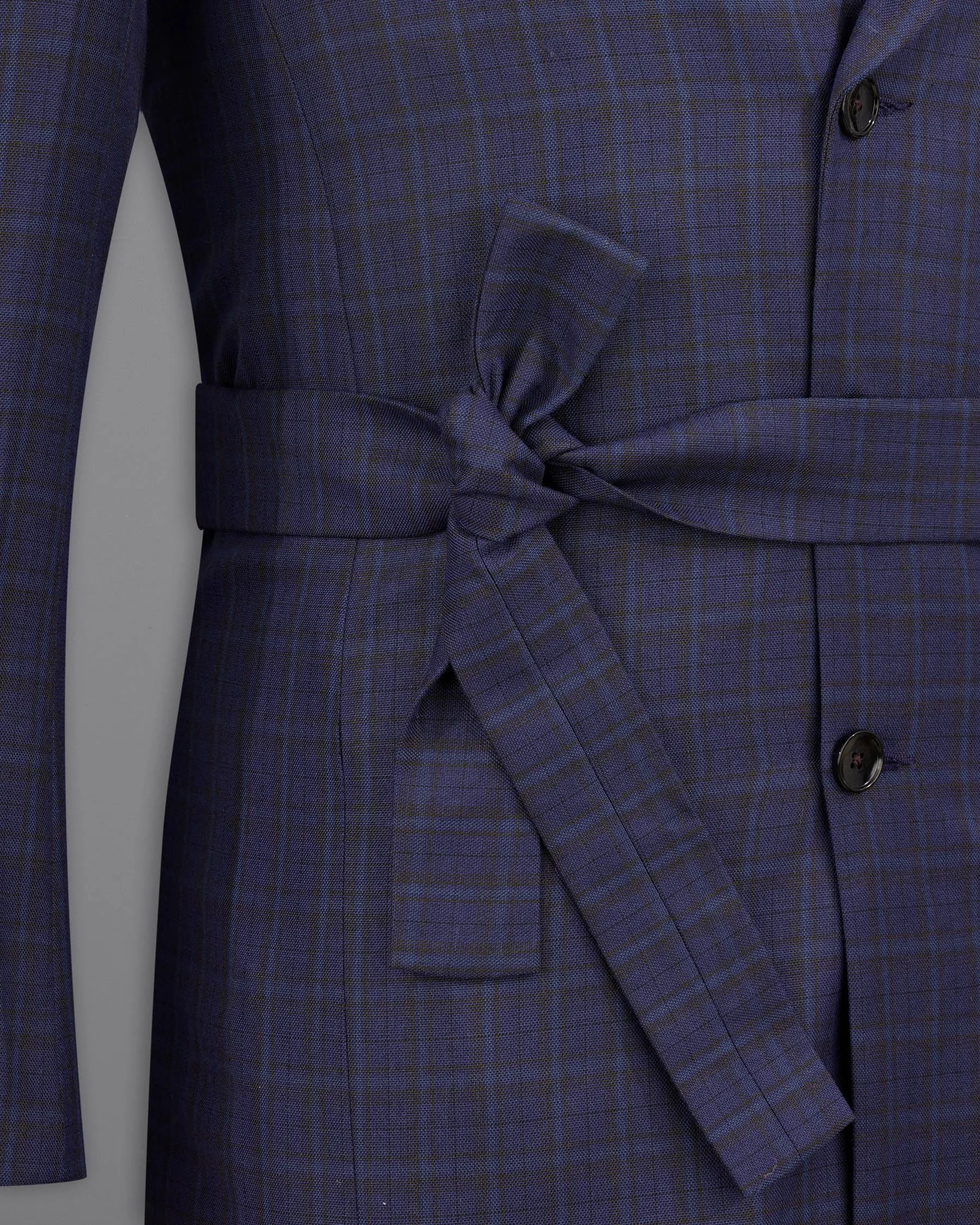 Martinique blue Subtle Checkered Double Breasted with Belt Closure Designer Trench Coat