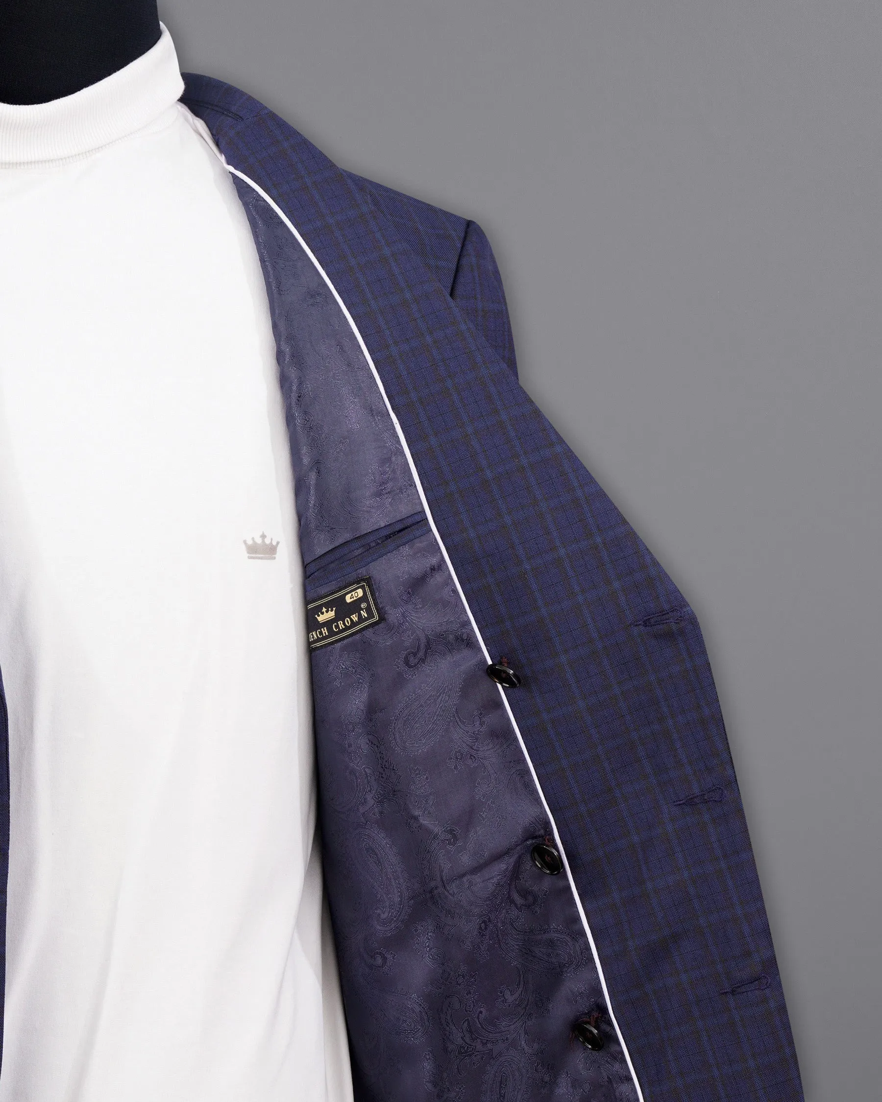 Martinique blue Subtle Checkered Double Breasted with Belt Closure Designer Trench Coat