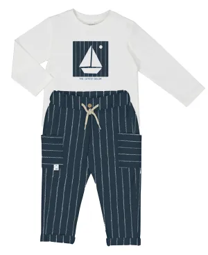 Mayoral 1068 White Long Sleeve Tee-Shirt and Mayoral 1584 Midnight Blue Stripe Trousers In Stock Now