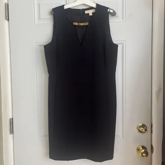 Michael Kors Black Sheath Dress w/Gold Tone Bar Accent, Size 12