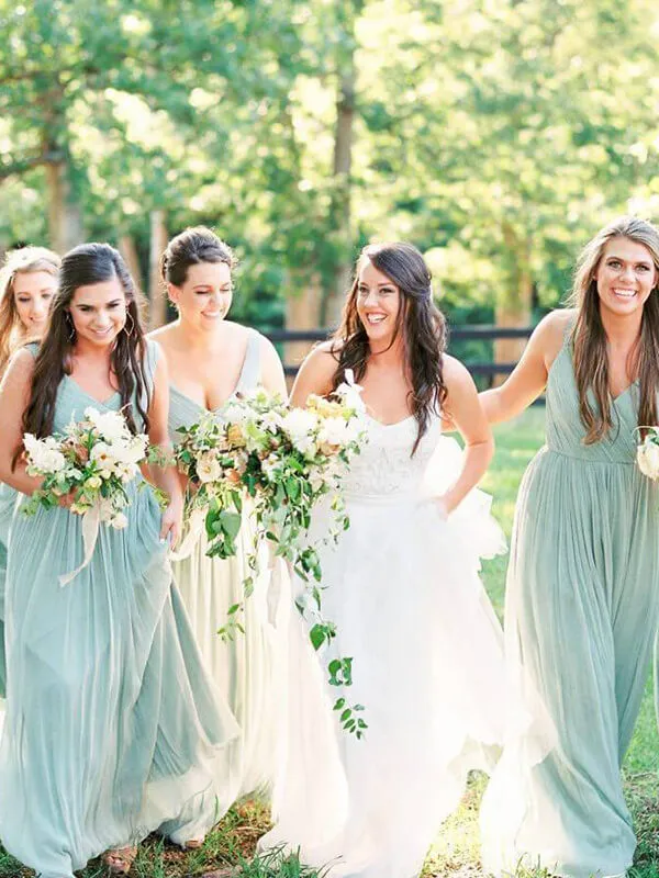 Mint Green A-line V-neck Chiffon Floor Length Bridesmaid Dresses, MBD148