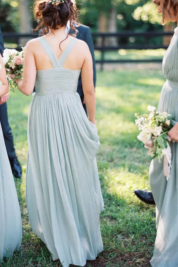 Mint Green A-line V-neck Chiffon Floor Length Bridesmaid Dresses, MBD148
