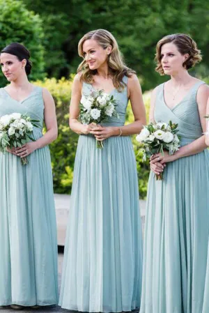 Mint Green A-line V-neck Chiffon Floor Length Bridesmaid Dresses, MBD148