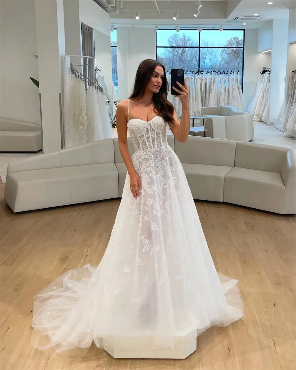Modern Spaghetti Straps Sweetheart Lace A Line Wedding Dresses Bridal Grown Vestido De Noival