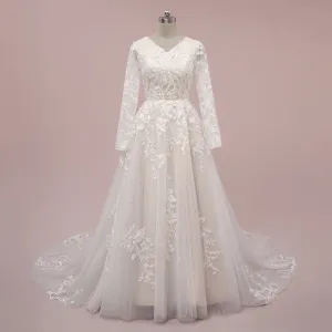 Modest Champagne Lace Wedding Dress with Long Sleeves | MASON