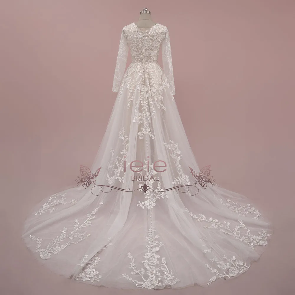 Modest Champagne Lace Wedding Dress with Long Sleeves | MASON