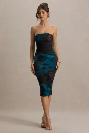 My Girl | Blue Print Strapless Bodycon Ruched Mesh Midi Dress