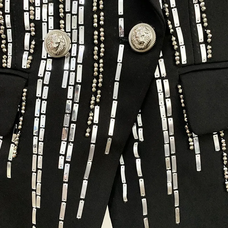 New Designer Jacket Women Double Breasted Luxurious Stunning Silver Metal Buttons Beaded Blazer