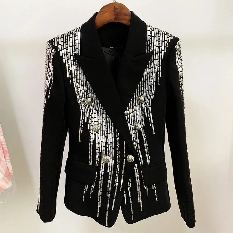 New Designer Jacket Women Double Breasted Luxurious Stunning Silver Metal Buttons Beaded Blazer