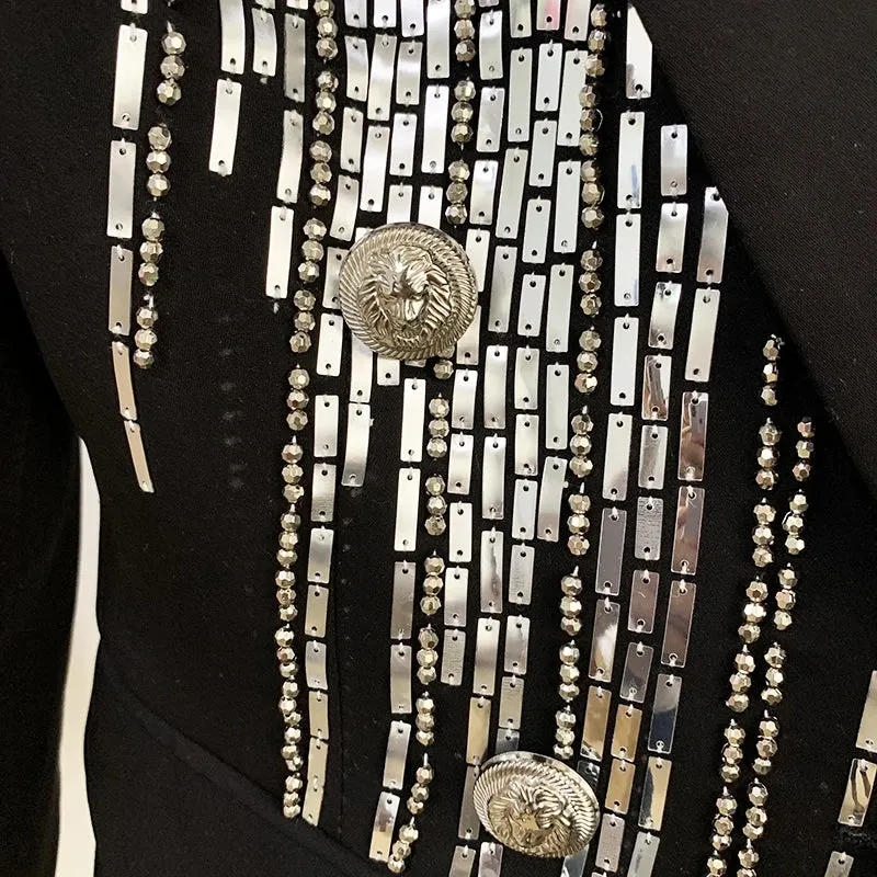 New Designer Jacket Women Double Breasted Luxurious Stunning Silver Metal Buttons Beaded Blazer