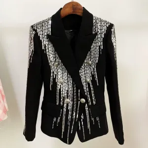 New Designer Jacket Women Double Breasted Luxurious Stunning Silver Metal Buttons Beaded Blazer