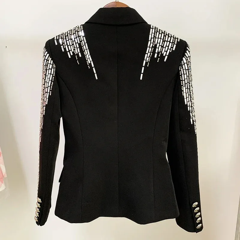 New Designer Jacket Women Double Breasted Luxurious Stunning Silver Metal Buttons Beaded Blazer