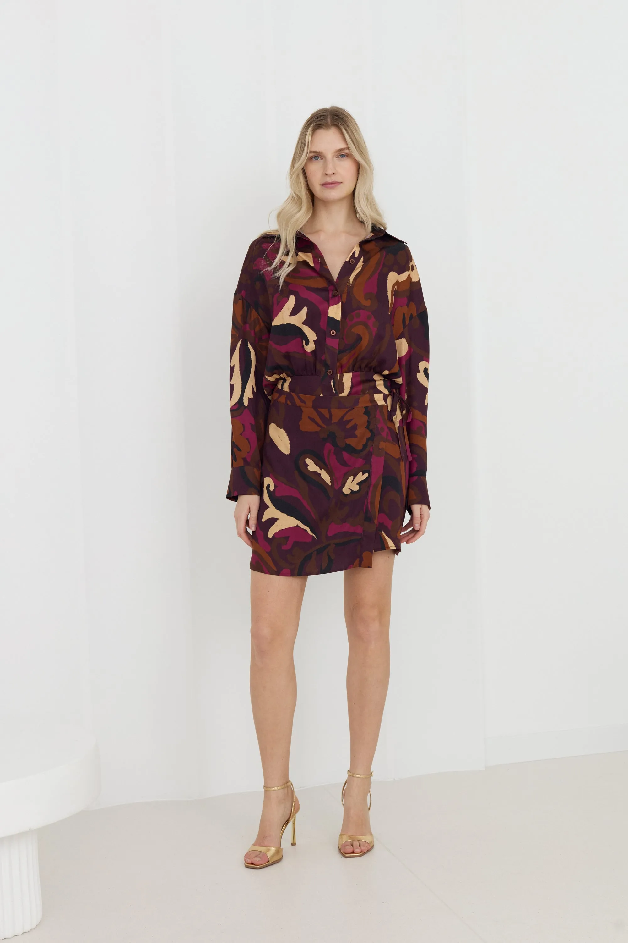 NOVA Brown Abstract Print Mini Shirt Dress With Kimono Sleeves