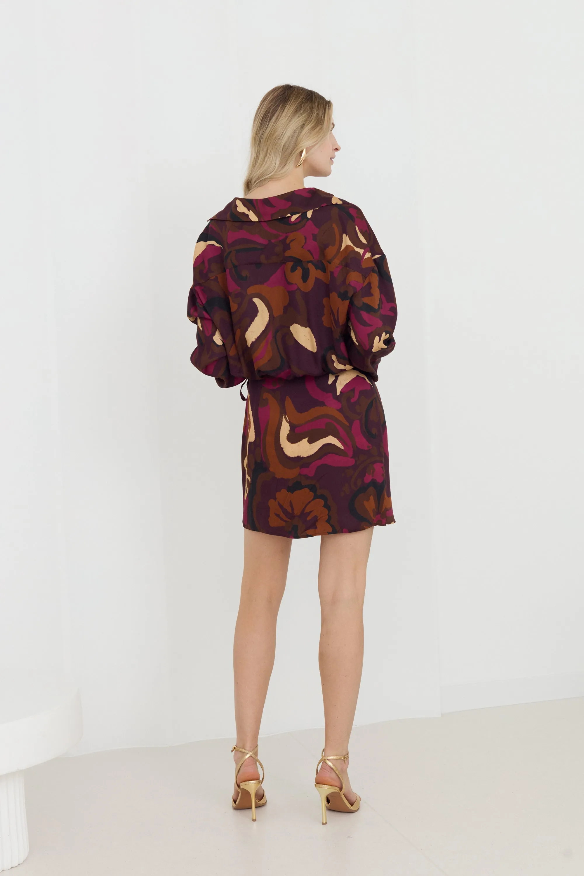 NOVA Brown Abstract Print Mini Shirt Dress With Kimono Sleeves