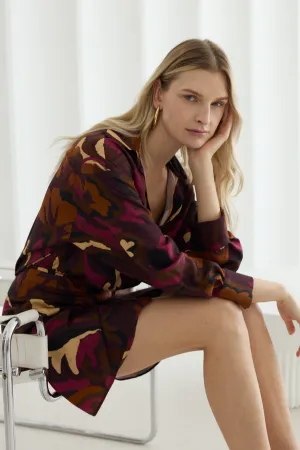 NOVA Brown Abstract Print Mini Shirt Dress With Kimono Sleeves