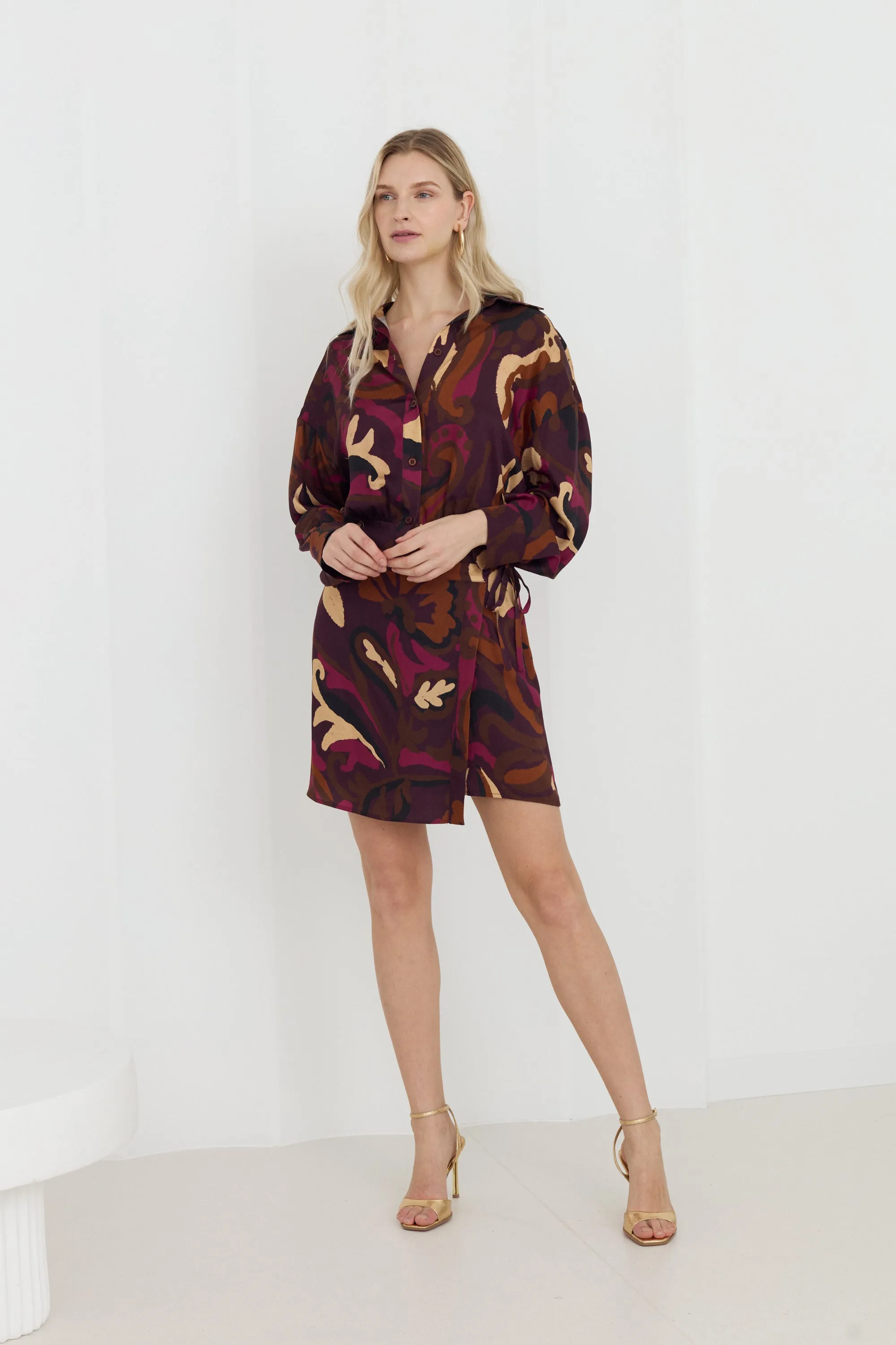 NOVA Brown Abstract Print Mini Shirt Dress With Kimono Sleeves